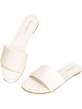 Women's All White Round Toe Classic Single Strap Slip On Slide Sandal Shoes